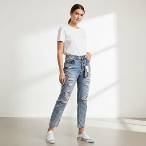 Acid Wash Mom Jeans Womens 9 Distressed High Rise Relaxed Denim Pants